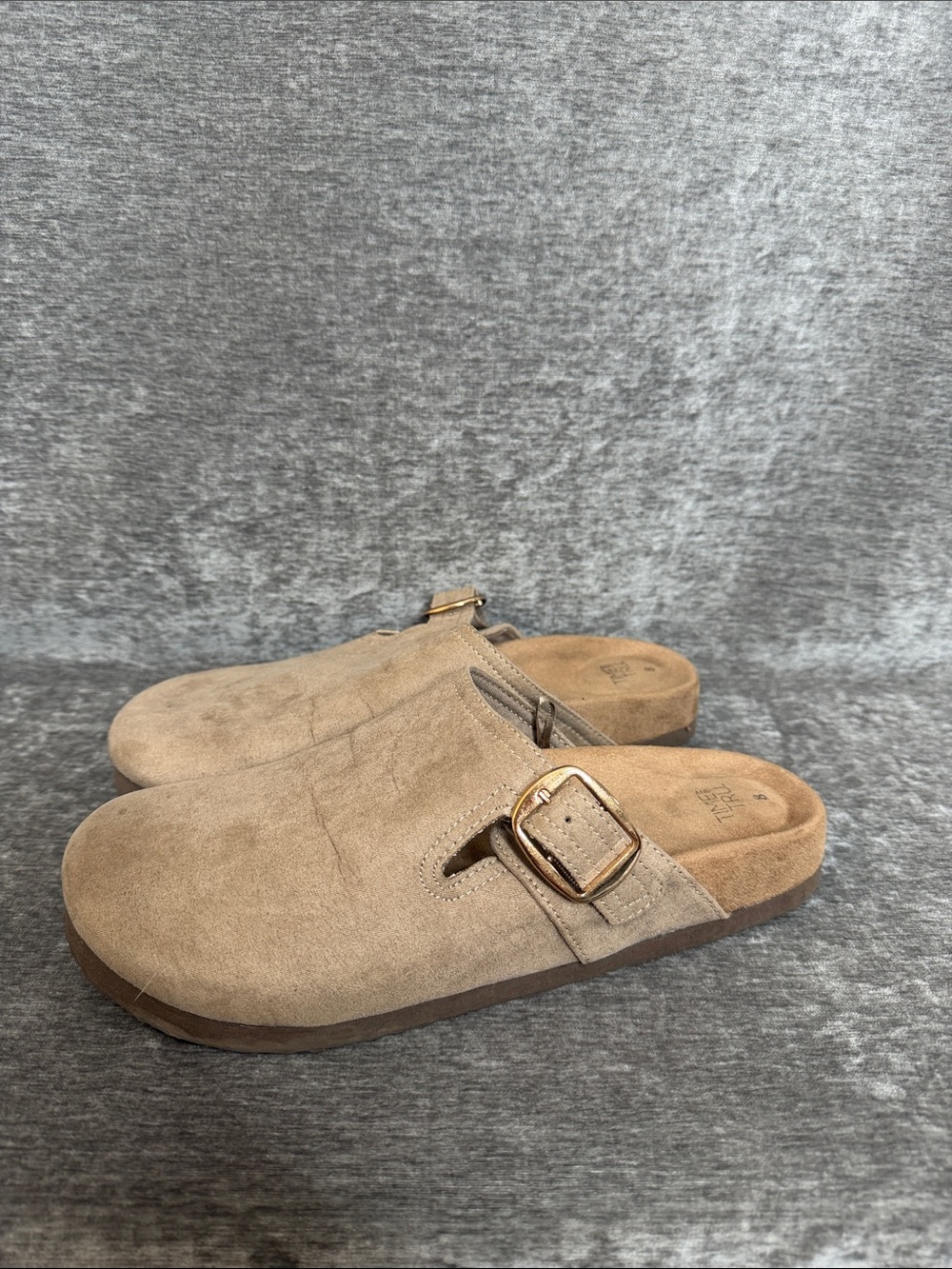 Time and Tru Taupe Suede Slide Clogs with Gold Buckle